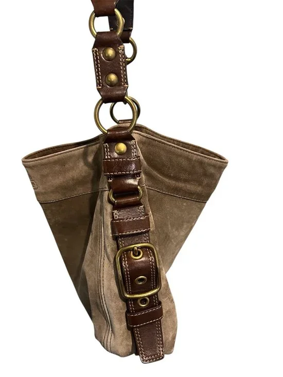 Coach Zoe Large Hobo Taupe Suede Brown Leather Trim Shoulder Bag Slouchy - Picture 5 of 9